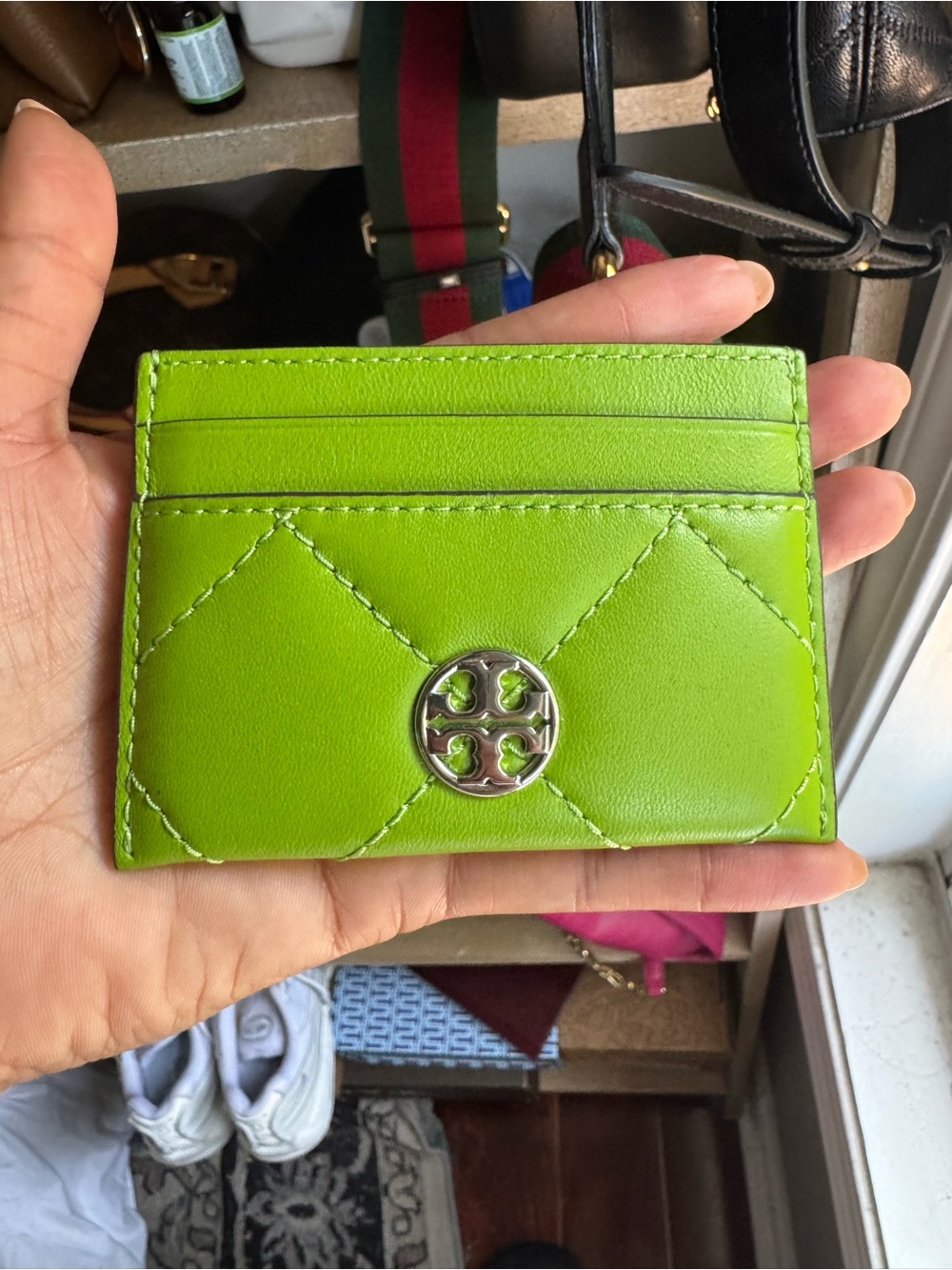 Tory Burch Neon Green Quilted Leather Card Holder with Logo